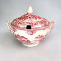 Vajilla inglesa Ironstone vintage con escena y florales en porcelana roja y crema