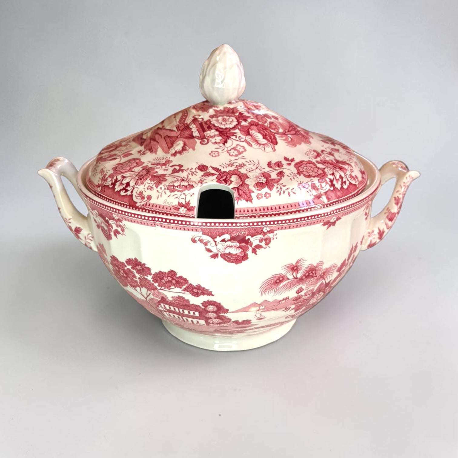 Vajilla inglesa Ironstone vintage con escena y florales en porcelana roja y crema