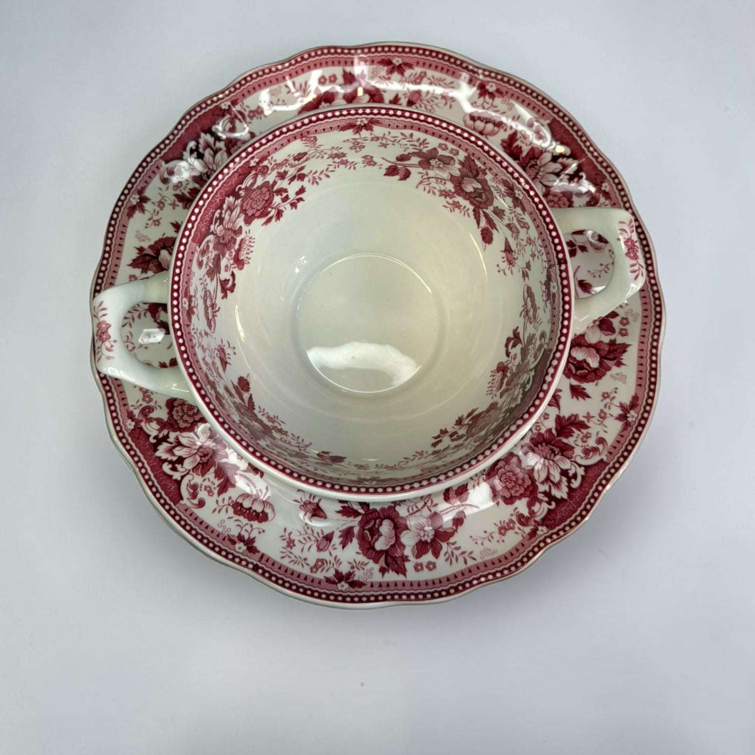 Vajilla inglesa Ironstone roja decorativa con platos y sopera