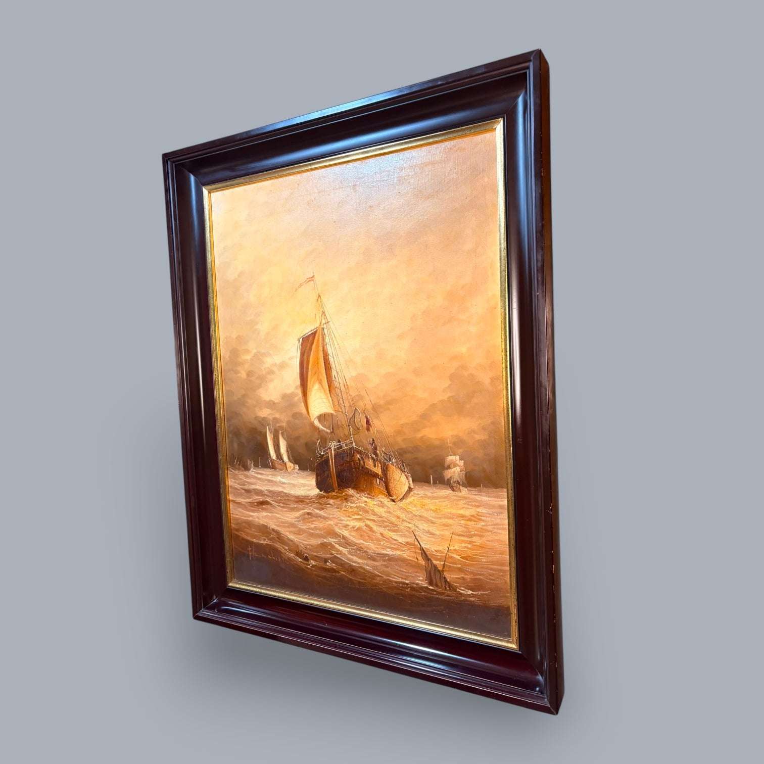 Cuadro al óleo de marina con barcos y firma - Cositas Antiguas – La Guadaña, Anticuarios Online en Jerez , vender antigüedades, muebles antiguos