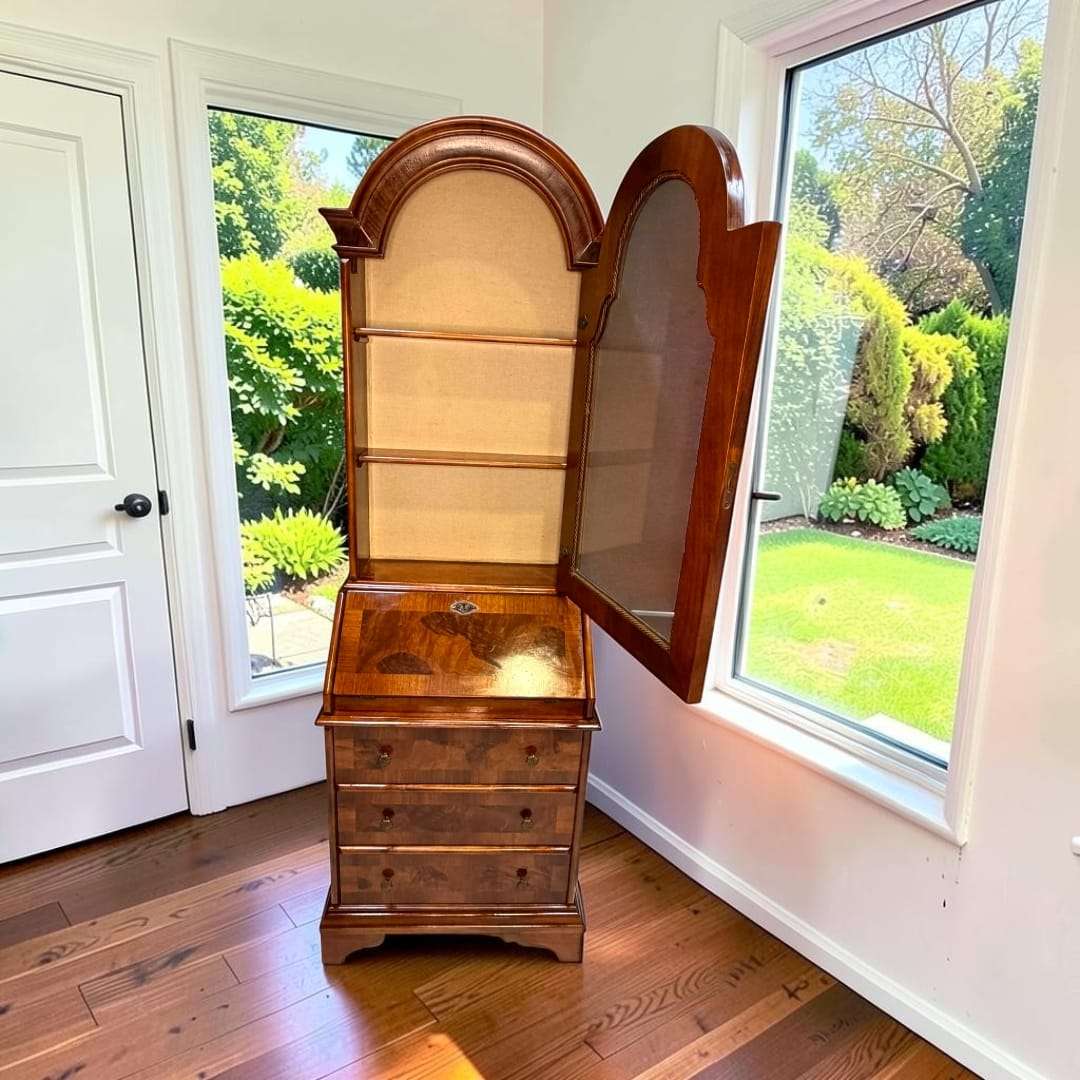 Escritorio secreter de caoba estilo Jorge I, una pieza de gran presencia vertical que combina zona de escritura, almacenaje y vitrina decorativa en un solo mueble.