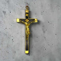 Crucifijo antiguo de caoba y bronce con figura de Jesucristo crucificado, decoración religiosa para hogar o capilla, SKU: A-218.1