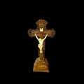 Crucifijo de sobremesa estilo Napoleón III en madera y bronce con figura de Cristo en porcelana, base ornamentada, SKU: A-218.2