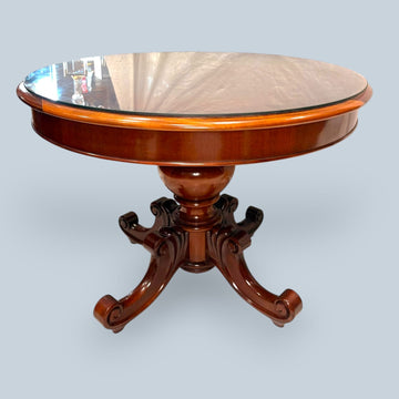 Mesa redonda de comedor de caoba con cristal - Cositas Antiguas – La Guadaña, Anticuarios Online en Jerez , vender antigüedades, muebles antiguos