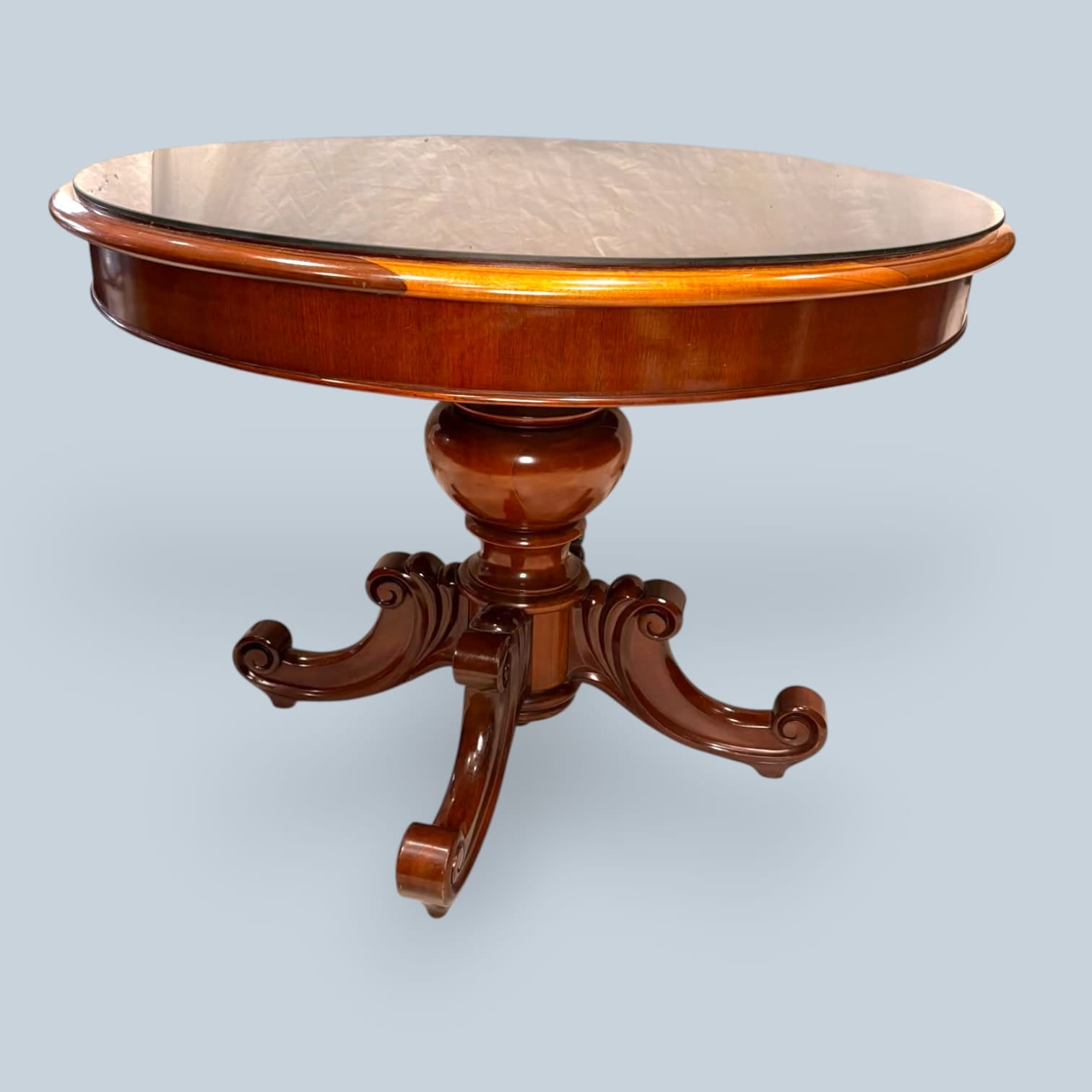 Mesa redonda de comedor de caoba con cristal - Cositas Antiguas – La Guadaña, Anticuarios Online en Jerez , vender antigüedades, muebles antiguos