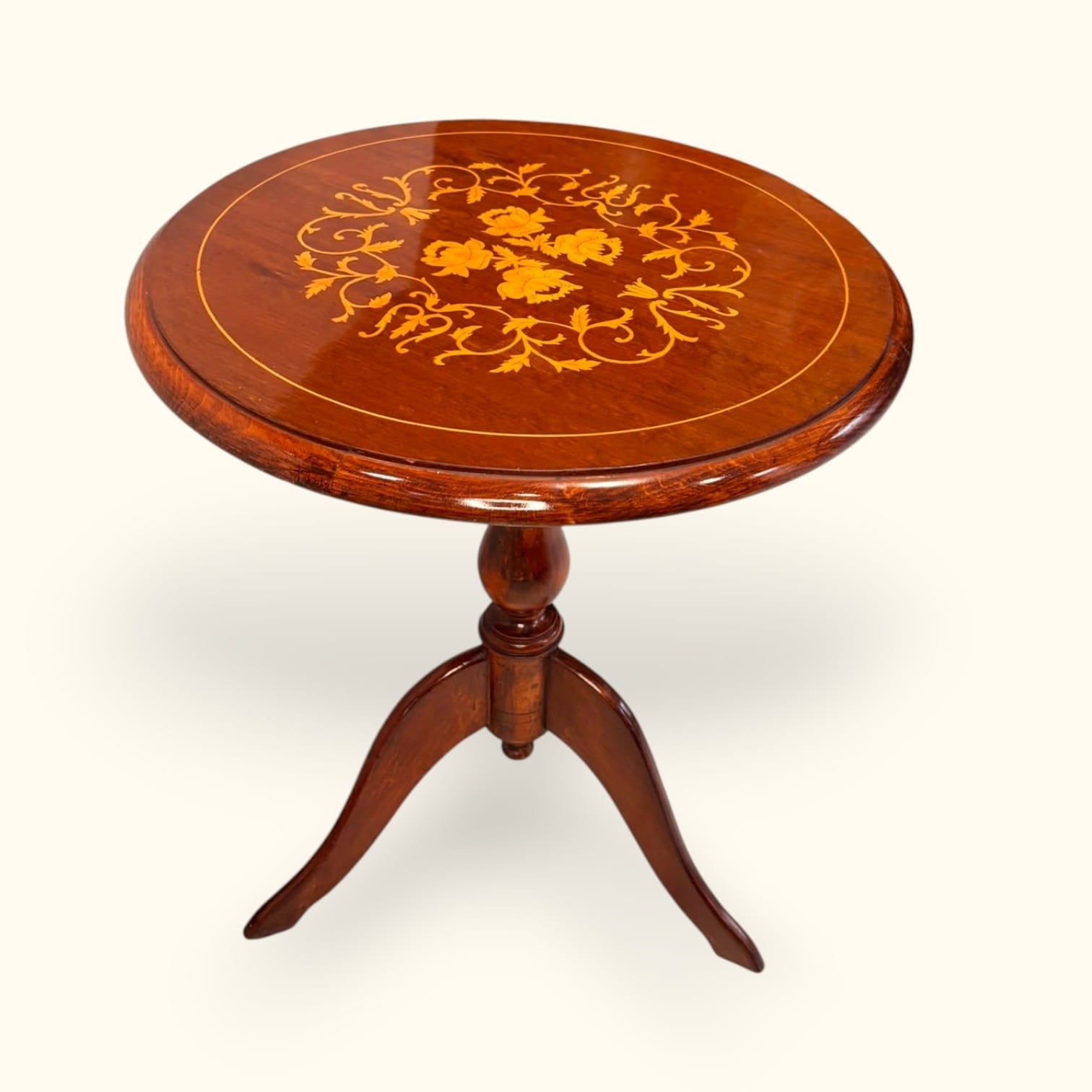 Mesa velador de caoba con taracea floral en la tapa - Cositas Antiguas – La Guadaña, Anticuarios Online en Jerez , vende