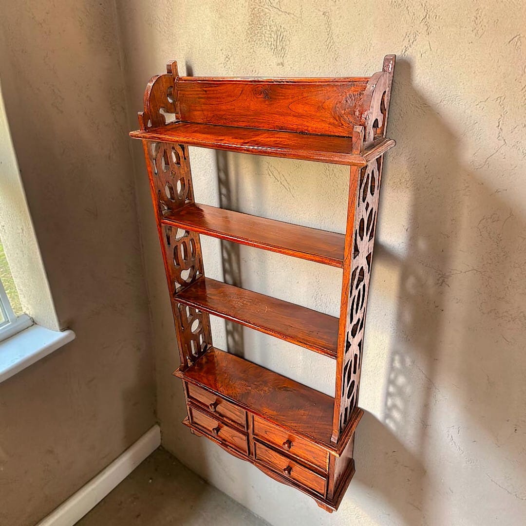 Estantería de pared de teca para libros con cuatro cajones - Cositas Antiguas – La Guadaña, Anticuarios Online en Jerez , vender antigüedades, muebles antiguos