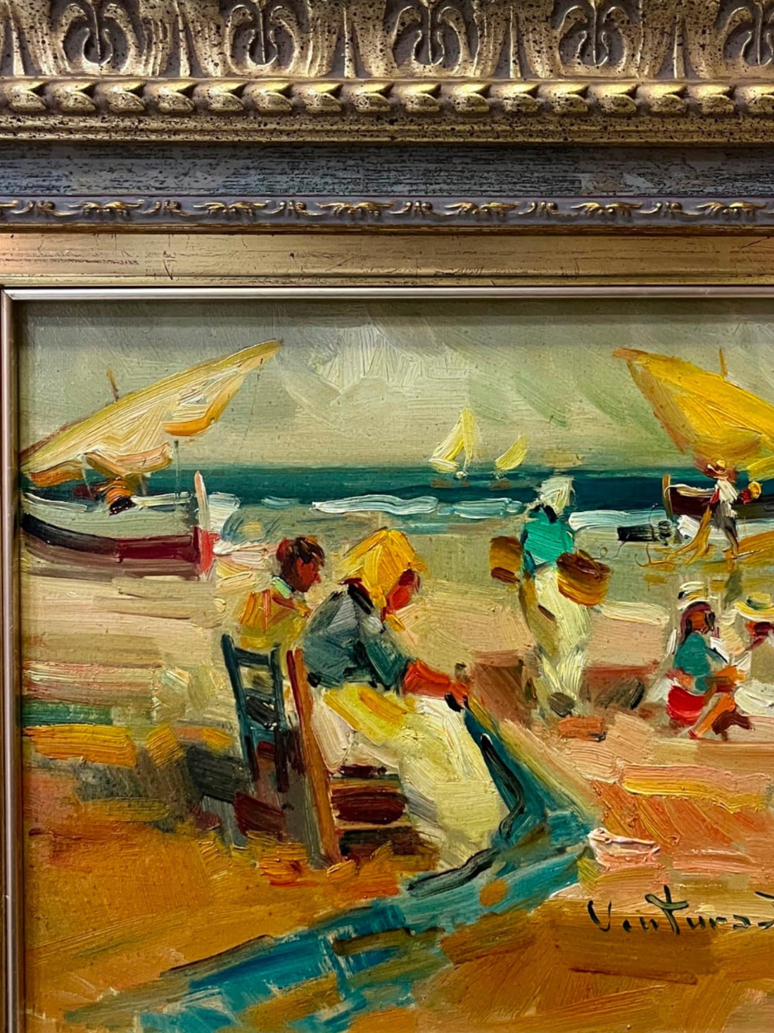 Óleo de Ventura Díaz | Escena de Playa con Pescadores