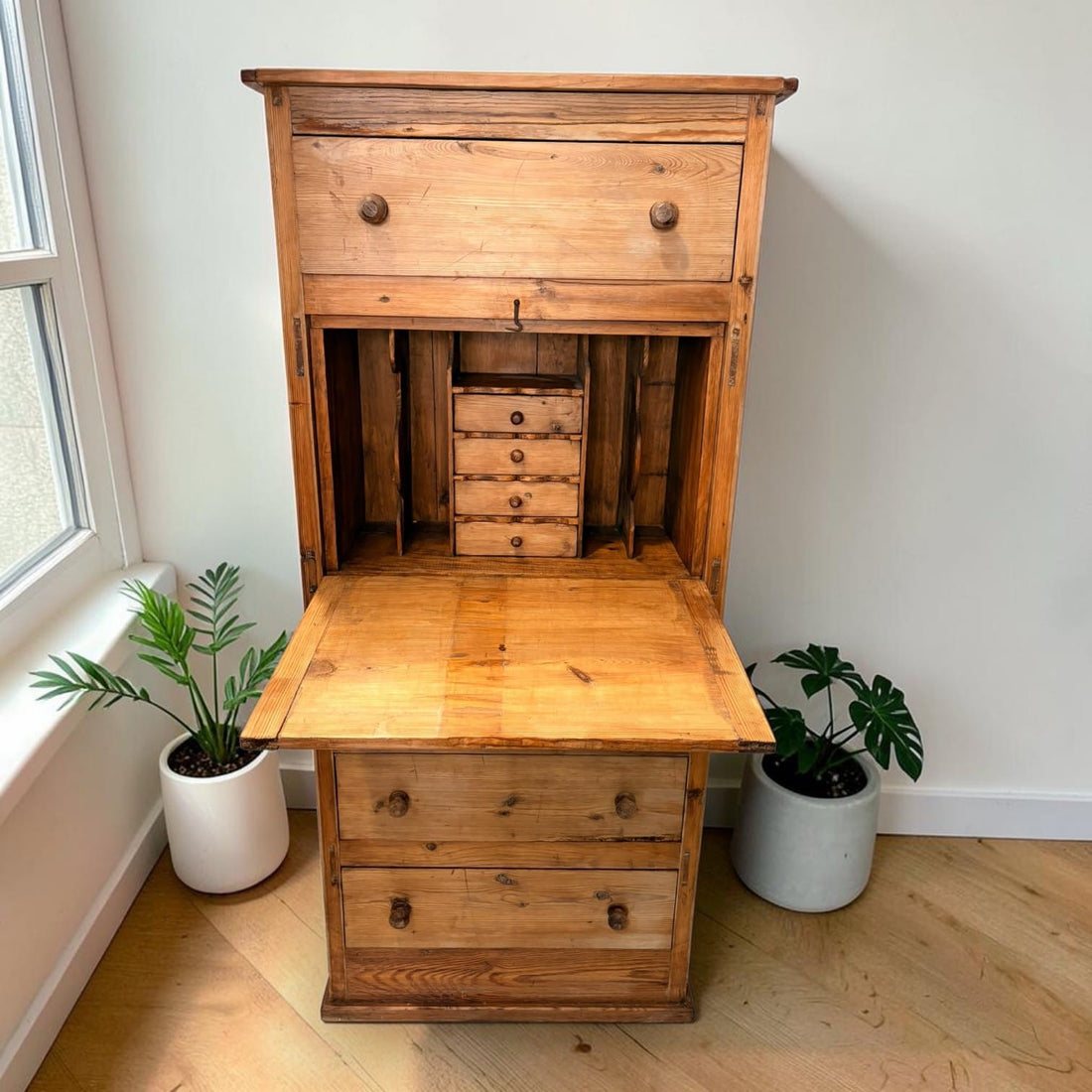 Secreter antiguo rústico de madera con escritorio abatible | 155 cm