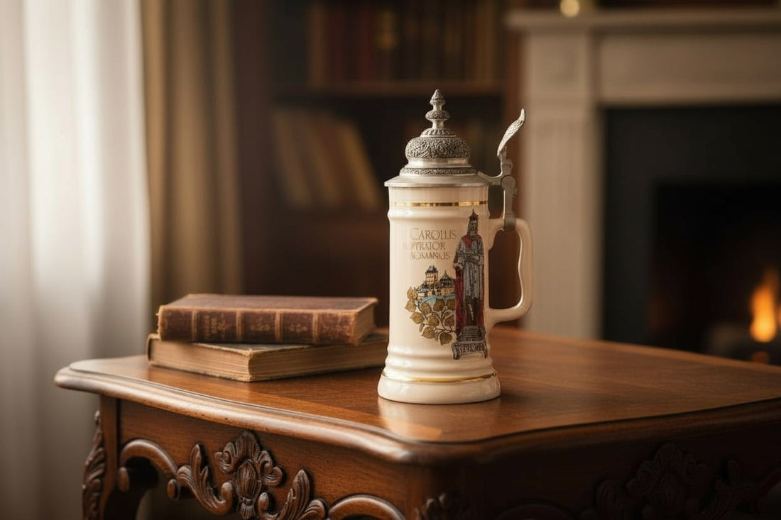 Jarra de cerveza alemana de porcelana con tapa metal grabada, diseño clásico y texto en latín, sobre mesa antigua en sala elegante. Ideal para decoración vintage.