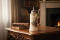 Jarra de cerveza alemana de porcelana con tapa metal grabada, diseño clásico y texto en latín, sobre mesa antigua en sala elegante. Ideal para decoración vintage.