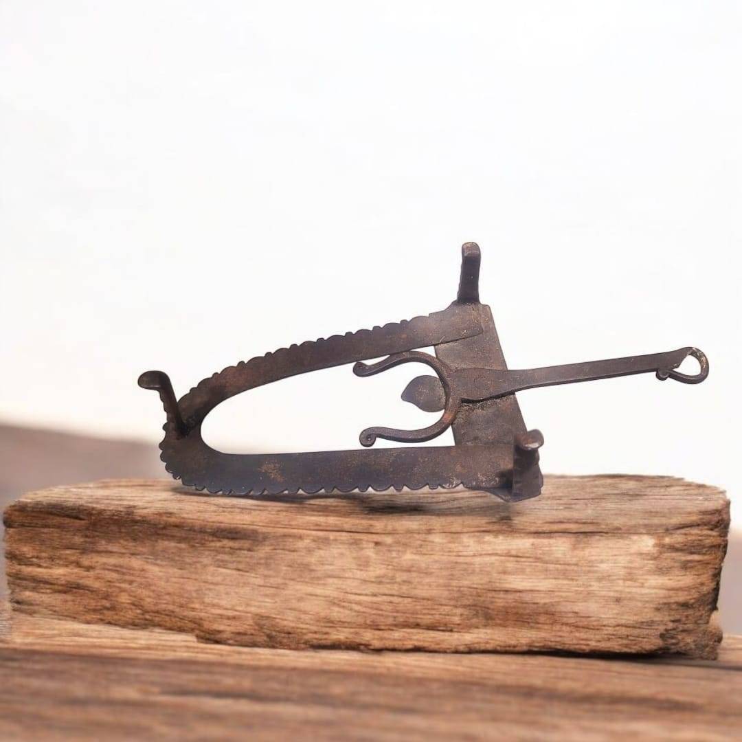 Descansa plancha hierro forjado antiguo con diseño curvo y detalles ornamentales, ideal para decoración vintage en hogar o colección.