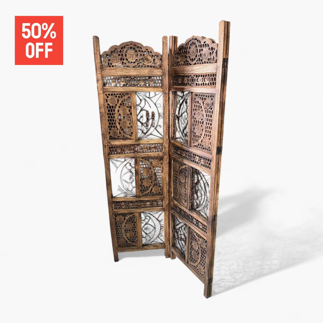 Biombo de madera asiática tallada artesanalmente vista frontal