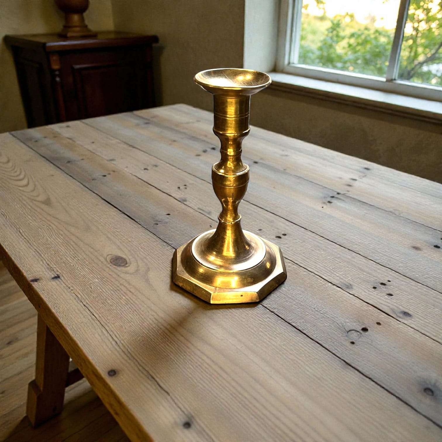 Vista lateral del candelabro de metal dorado