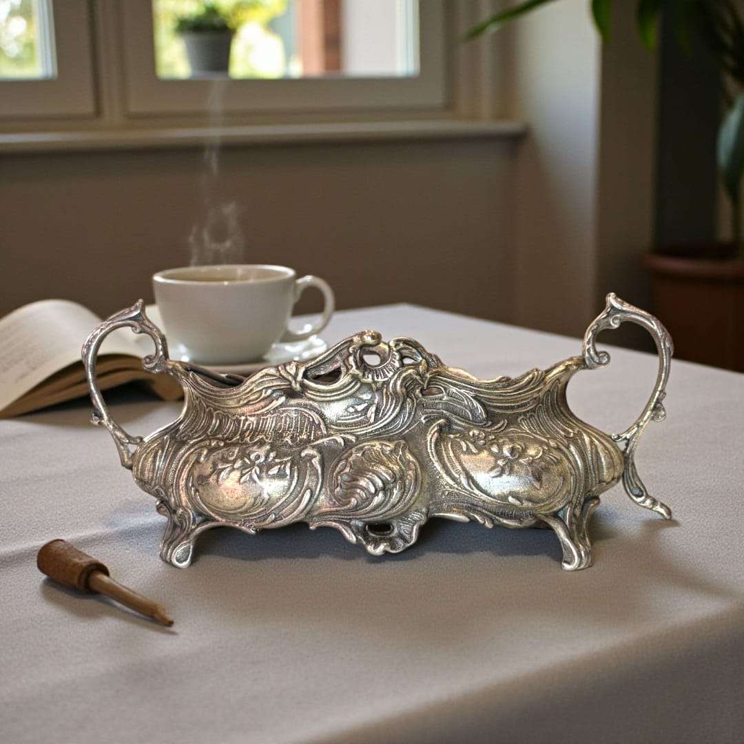 Detalle del centro floral de metal plateado sobre mesa de madera.