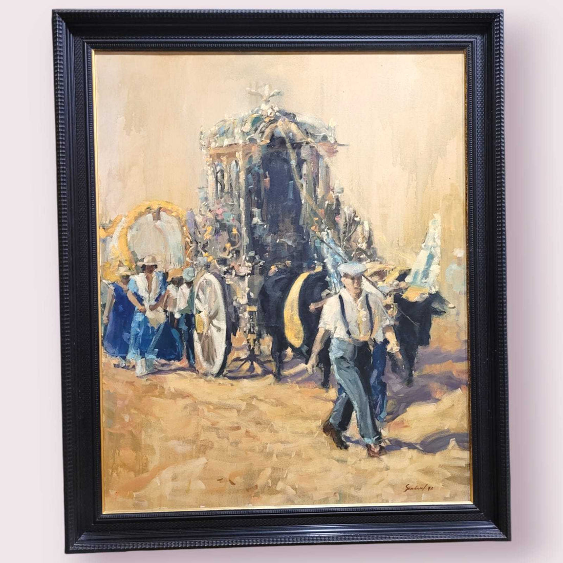 Óleo de Sandoval 1998 representando la Romería del Rocío con una carreta adornada y peregrinos. Pintura enmarcada ideal para decoración artística.