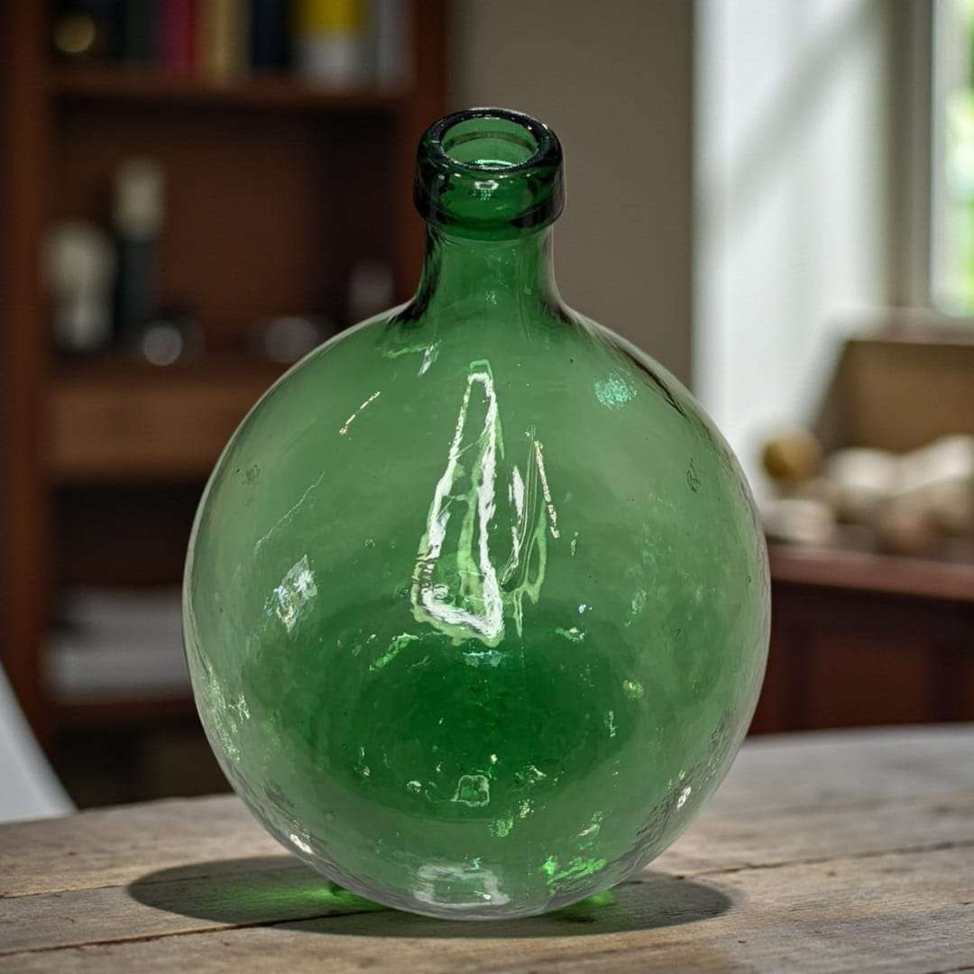 Damajuana antigua de vidrio verde soplado con acabado rústico, ideal para decoración vintage en interiores de estilo clásico o bodegas.