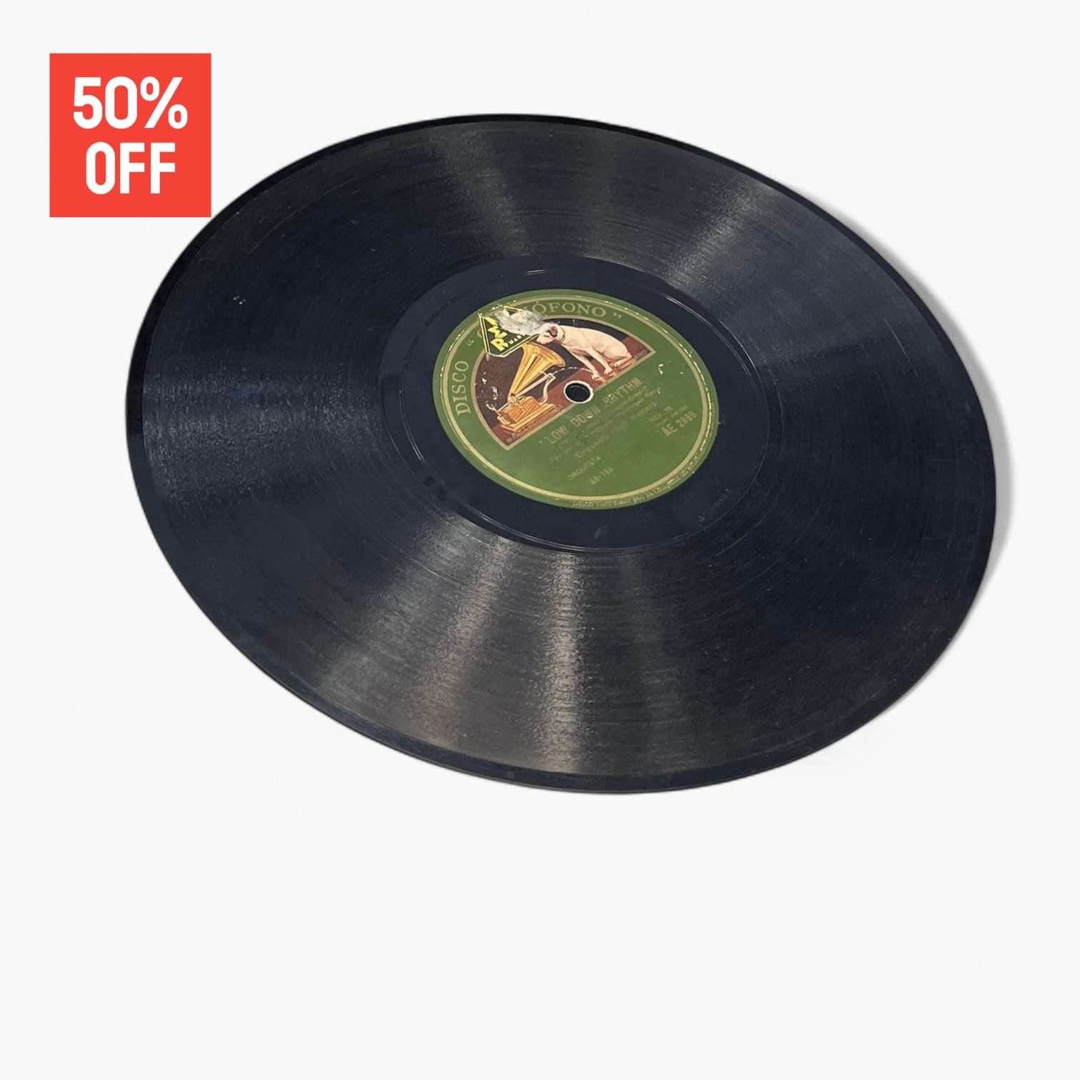 Disco de pizarra en vista inclinada con etiqueta verde Gramófono, parte del lote de 10 discos antiguos para decoración musical.