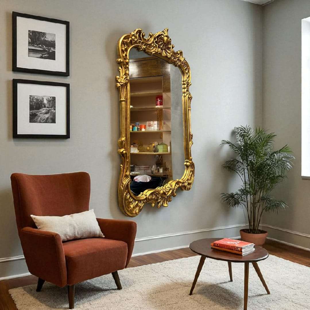 Espejo dorado tallado ornamental en salón elegante