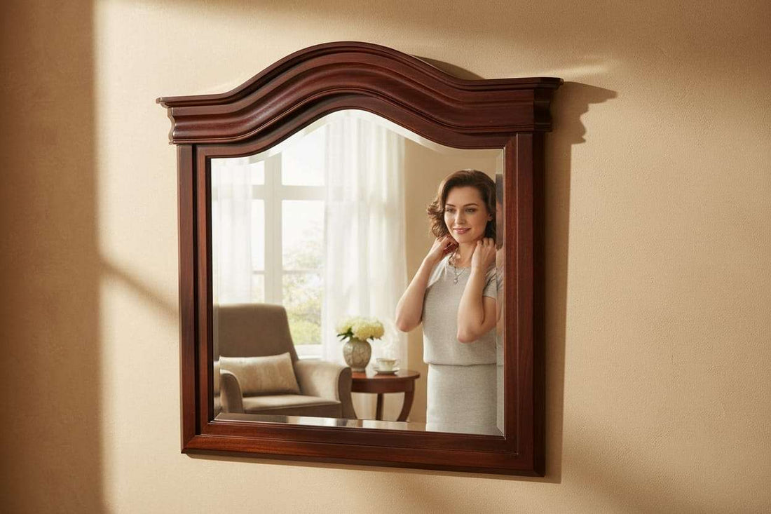 Espejo de caoba con cristal biselado clásico antiguo y copete curvo, montado en pared de salón elegante con luz natural. Ideal para decoración atemporal.