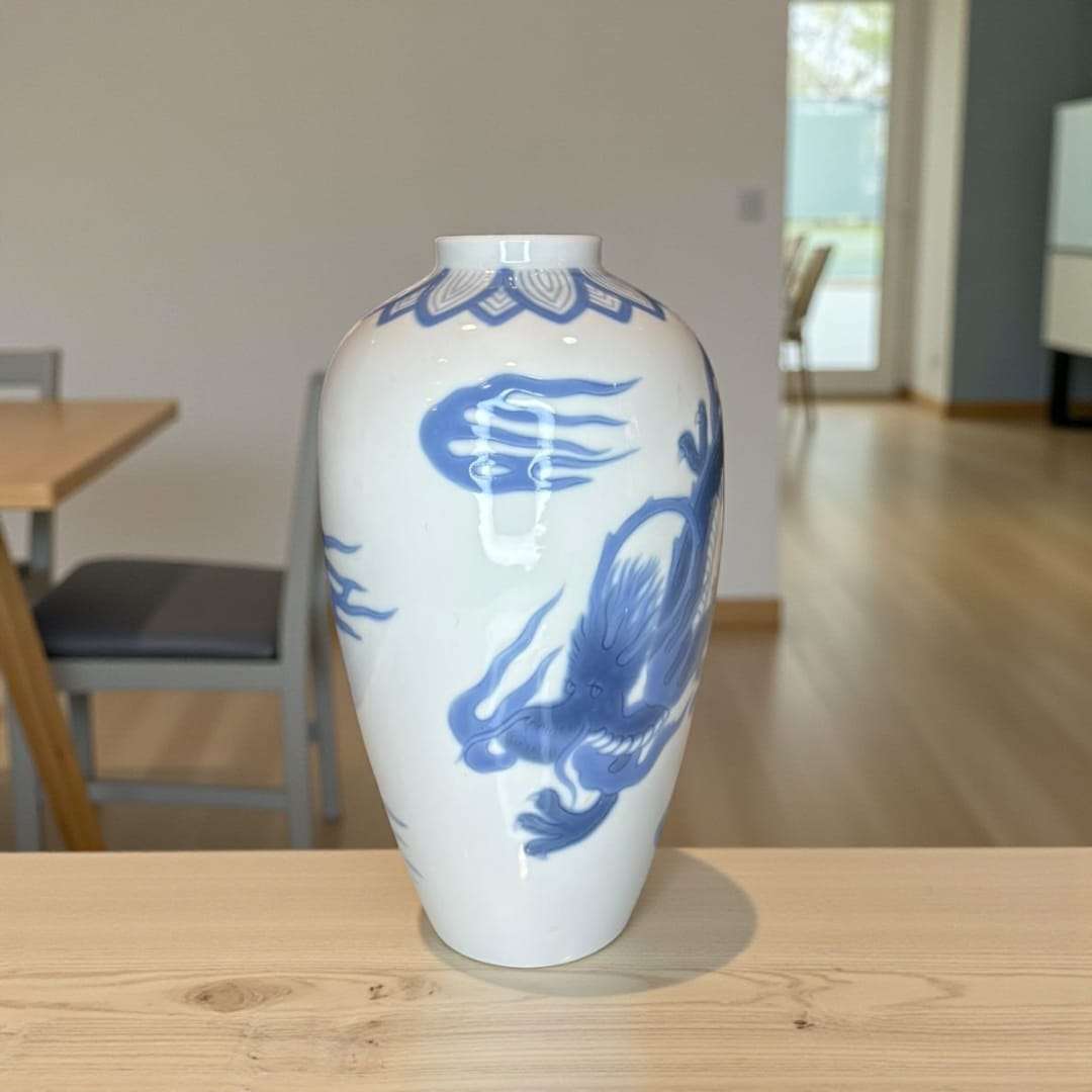 Lado del Florero - Jarrón Lladró porcelana dragón chino mostrando parte del dragón azul, ideal para decoración de estilo oriental.