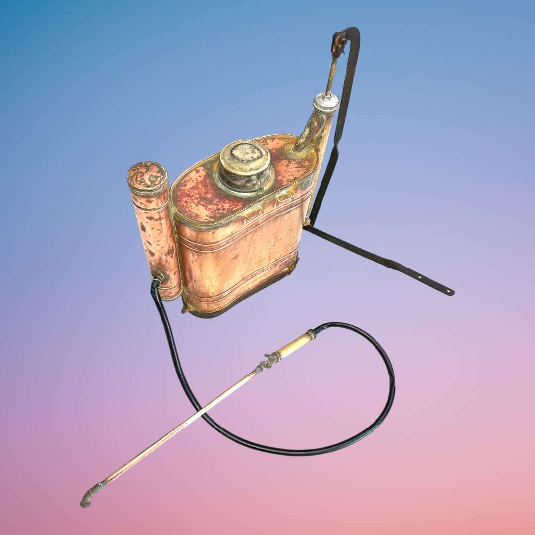 Sulfatadora completa con manguera y lanza apoyada en el suelo.