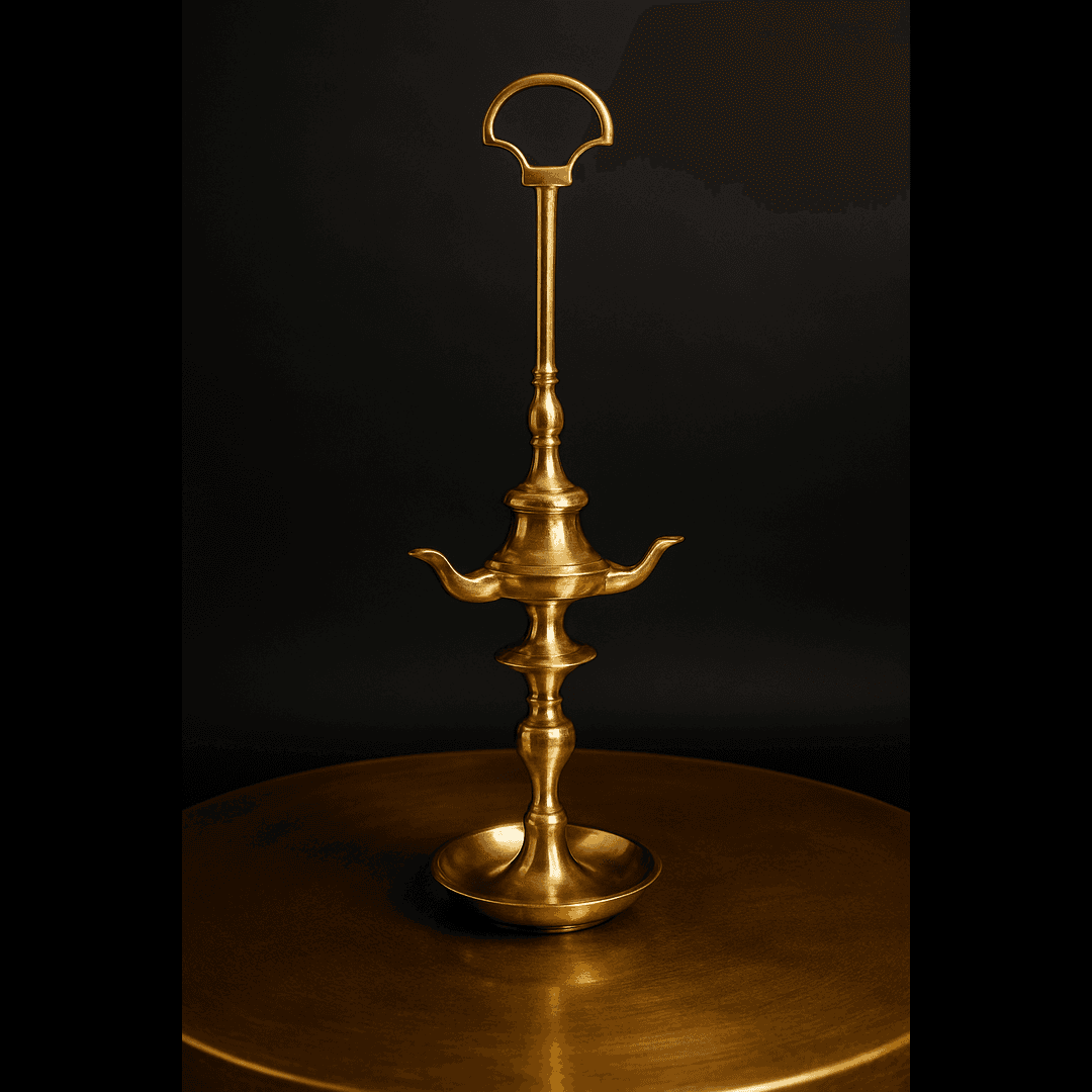 Velón antiguo de aceite de 3 brazos en metal dorado con diseño vintage y acabado brillante, ideal para decoración elegante de interiores.