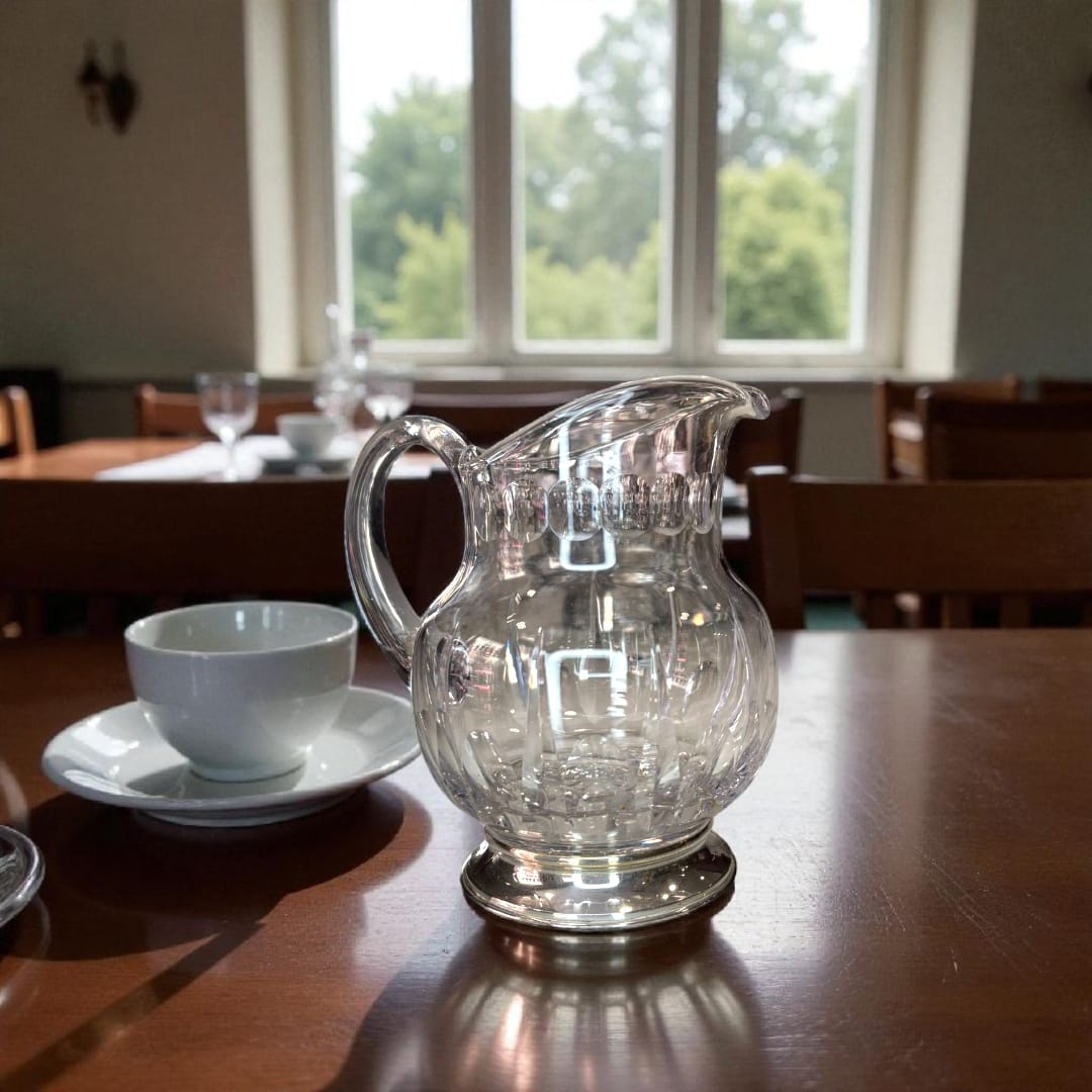 Jarra de cristal con base de plata brillante sobre mesa.