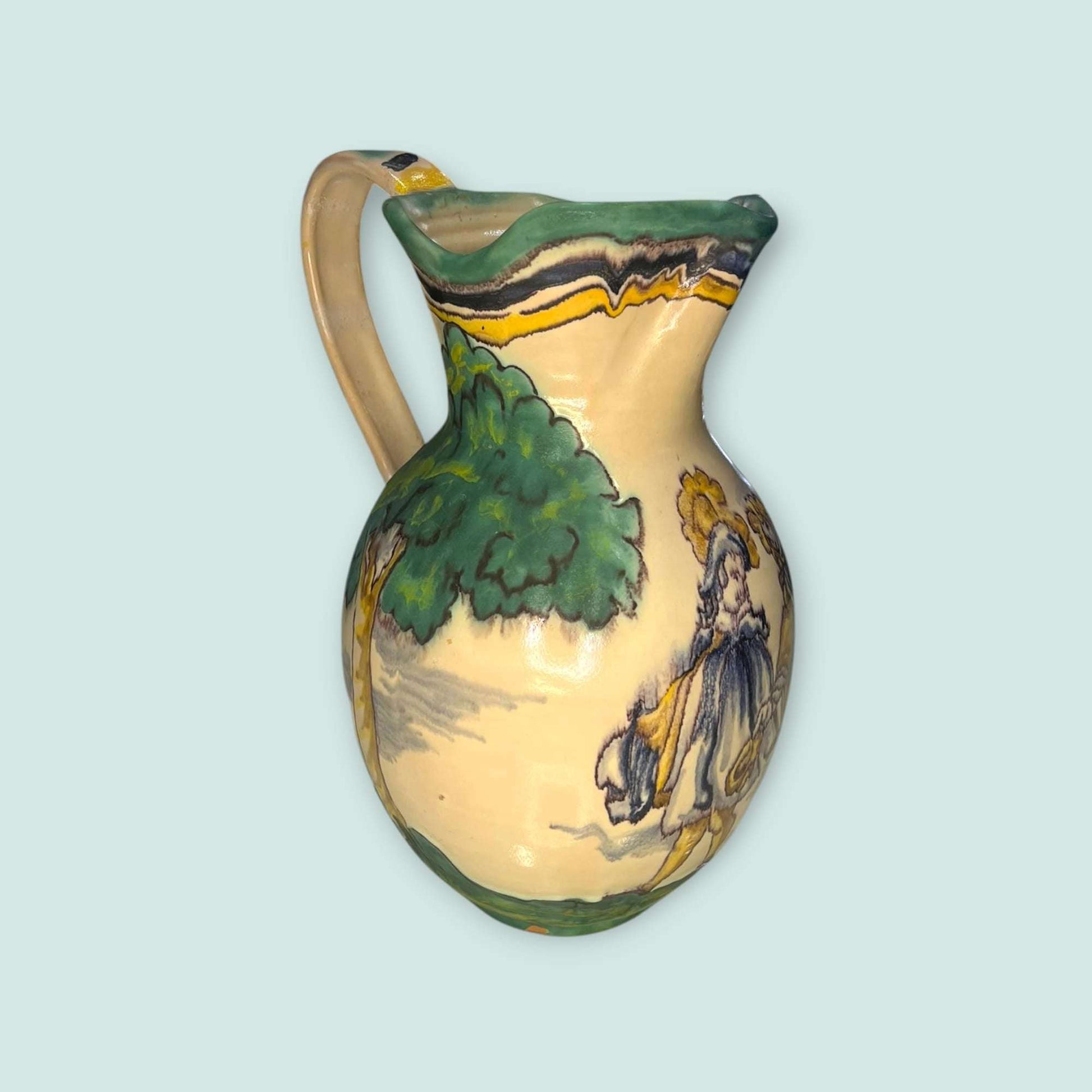 Jarra de Talavera decorada a mano con escenas tradicionales