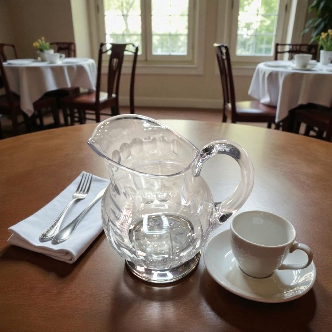 Jarra de cristal con base de plata brillante sobre mesa.