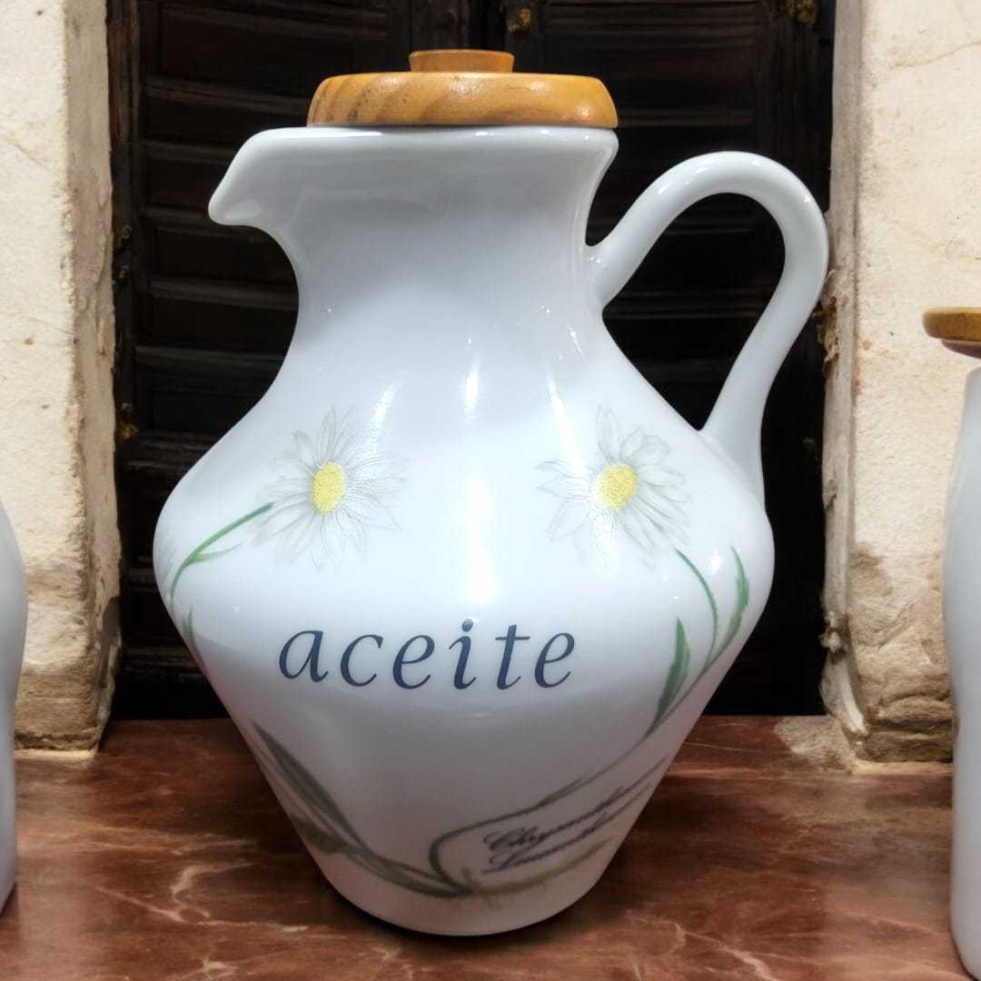 Juego de jarras de porcelana vintage, funcional y decorativo con tapas de madera, ideal para almacenar aceite, especias y alimentos secos.