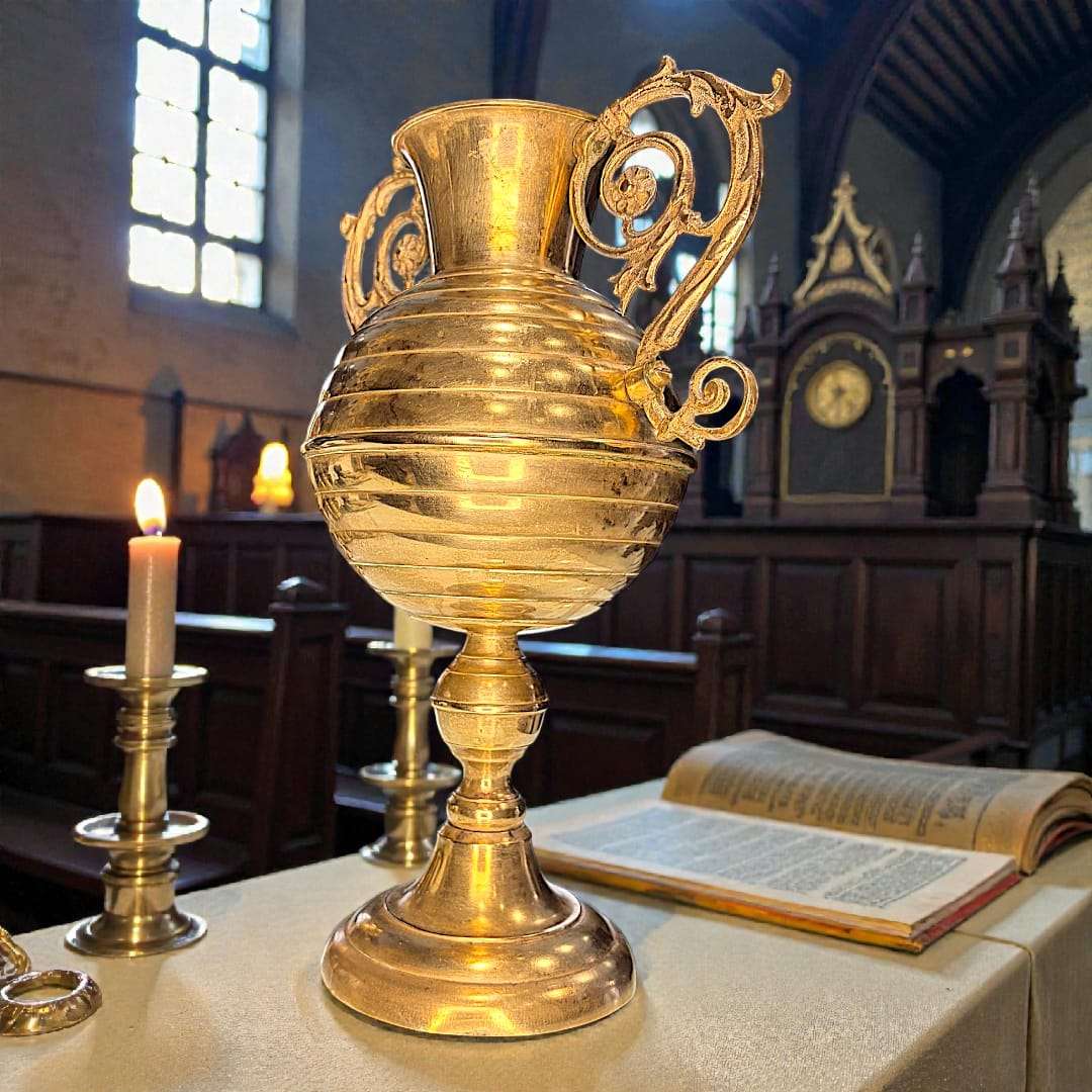 Estos jarrones antiguos de metal dorado eran piezas decorativas y ceremoniales, muy utilizadas en interiores señoriales, templos, salones nobles y espacios representativos. 