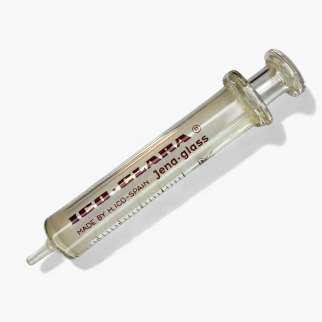 Jeringa antigua de cristal con inscripción H. Ico-Spain Jena-glass.