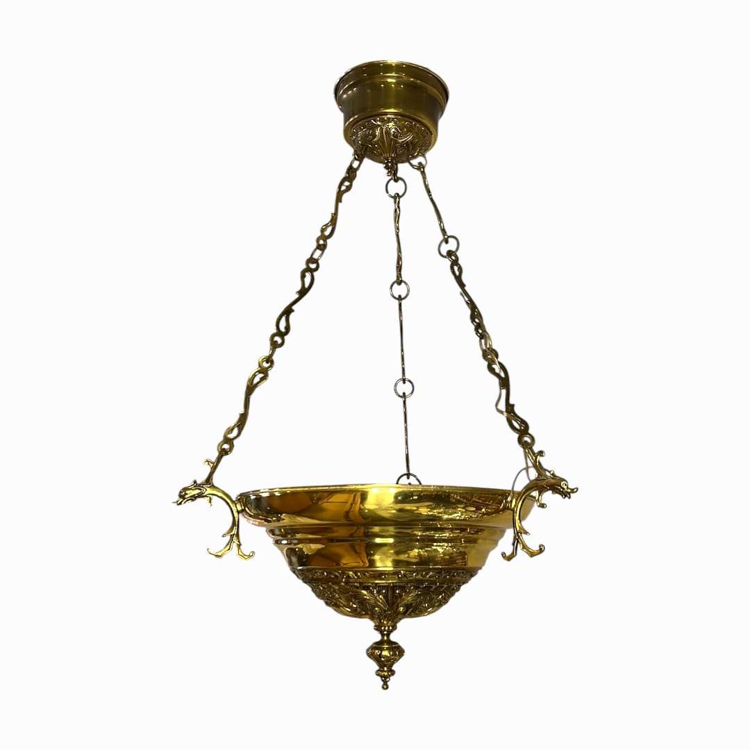 Lámpara votiva de metal dorado electrificada vista general colgante.