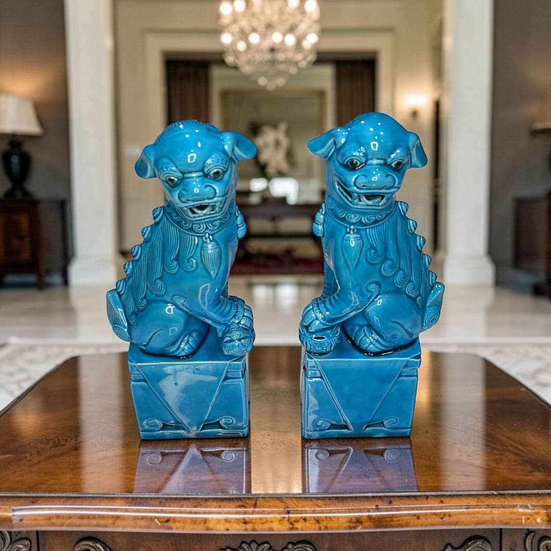 Pareja de leones Fu en cerámica china azul turquesa, decoración para hogar y jardín, 24 cm de altura