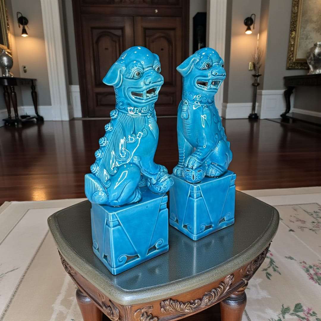 Leones Fu cerámica china azul turquesa en decoración de hogar y negocio