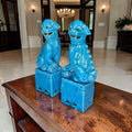 Pareja de Leones Fu cerámica china azul turquesa en decoración de hogar y jardín