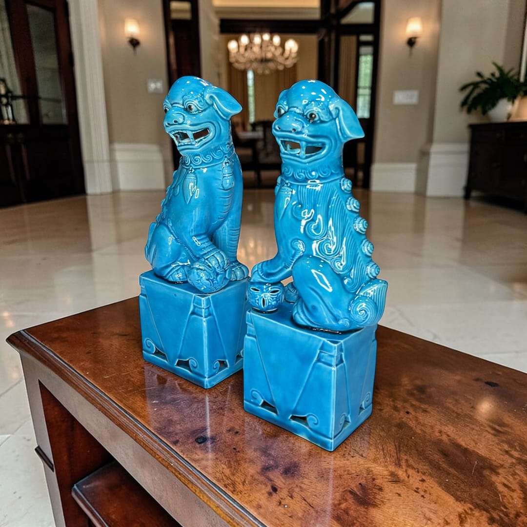 Pareja de Leones Fu cerámica china azul turquesa en decoración de hogar y jardín