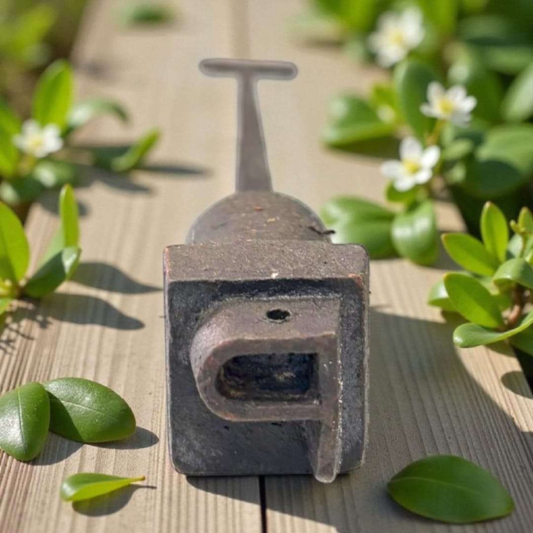 Marcador tonelero antiguo de forja con letra P, pieza única de decoración rústica sobre fondo de madera con hojas verdes. Ideal para coleccionistas.