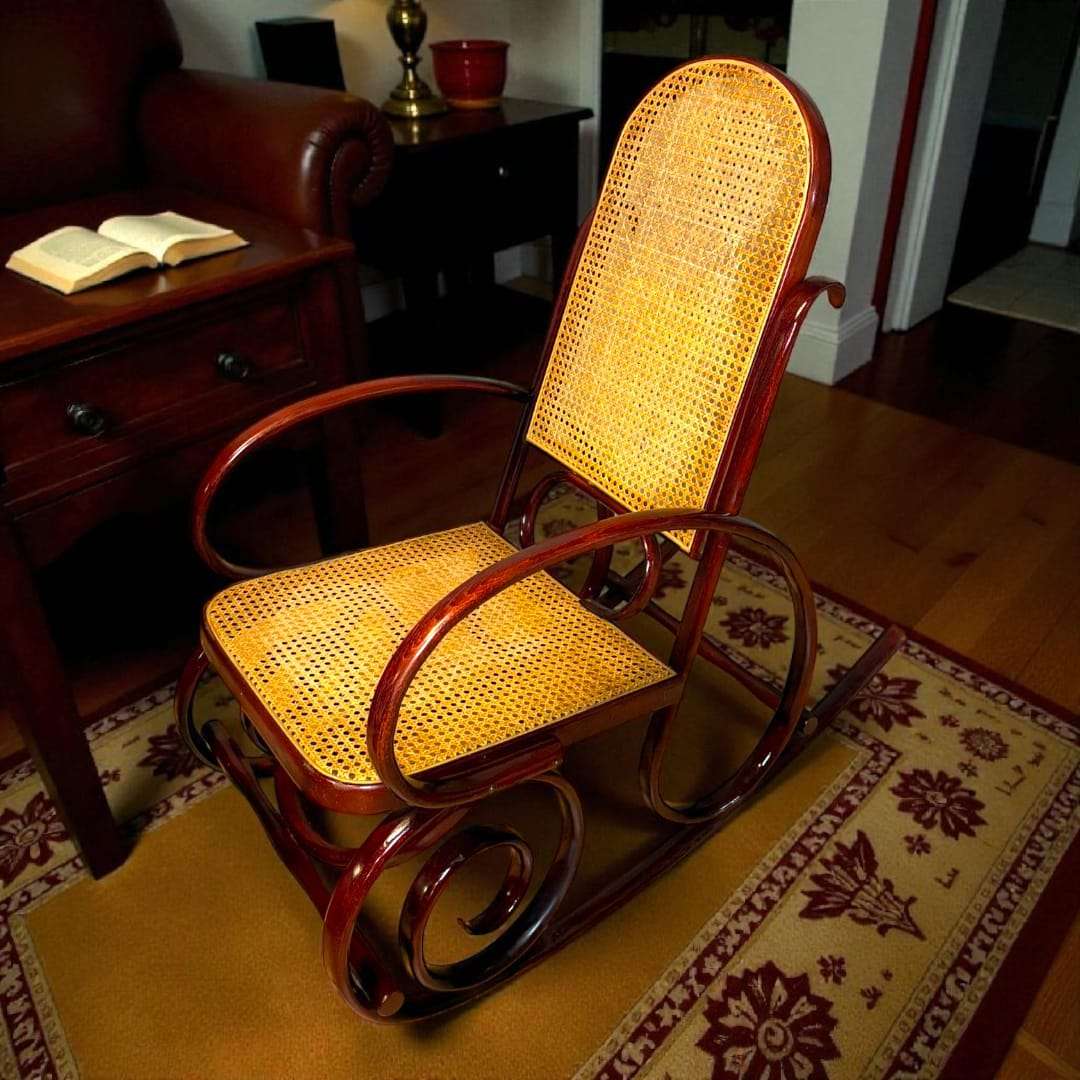 Mecedora de madera y rejilla natural en interior clásico.