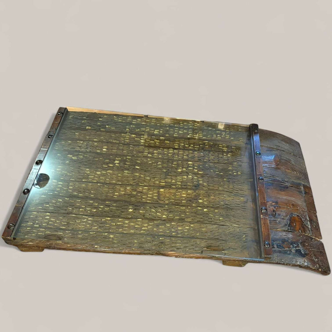 Mesa Trillo antigua de madera con tapa de cristal