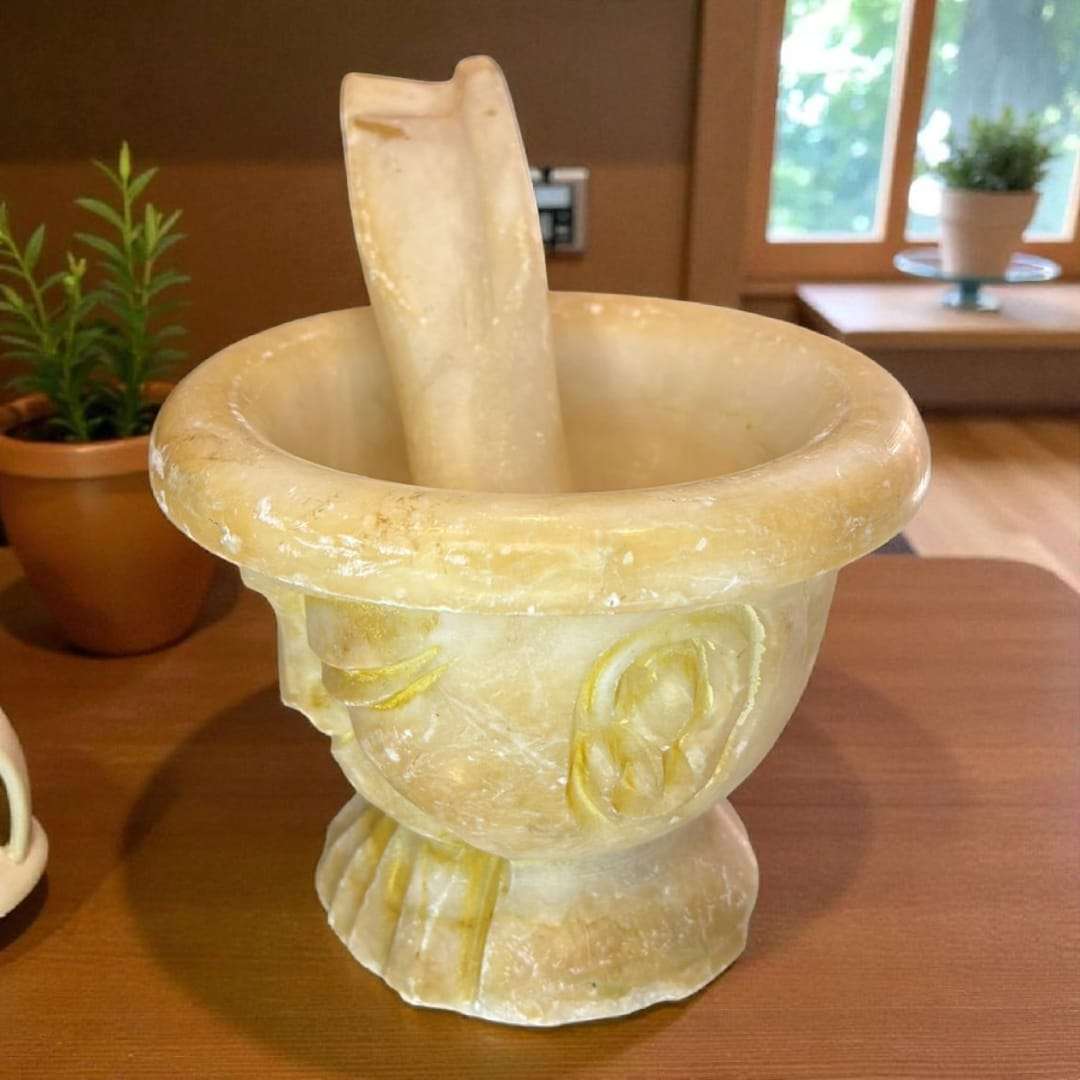 Mortero de alabastro antiguo tallado a mano con maja original, ideal para decoración rústica en cocina o comedor. Diseño artesanal exclusivo.
