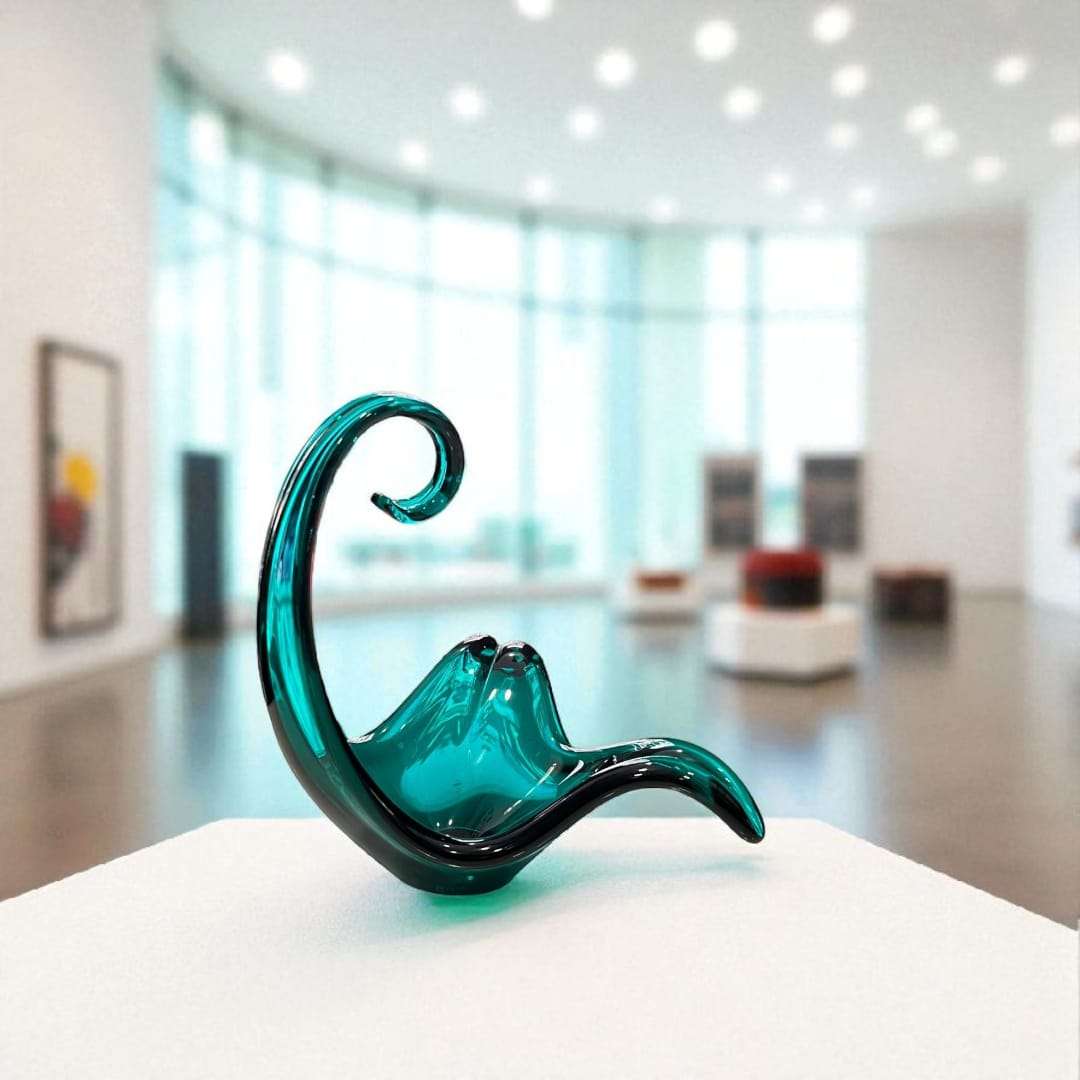 Pieza de Cristal Murano – Arte único para tu decoración en verde esmeralda con forma abstracta, exhibida en galería moderna. Ideal para vitrinas y salones.