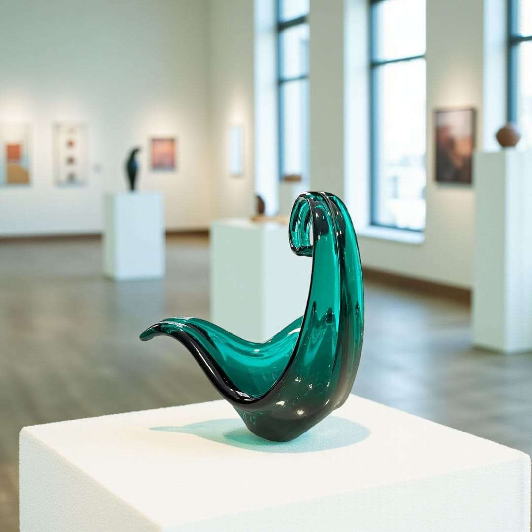 Pieza de Cristal Murano – Arte único para tu decoración en verde esmeralda con forma abstracta, exhibida en galería moderna. Ideal para vitrinas y salones.