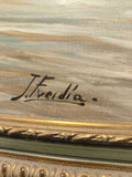 Detalle de la firma J. Freidia en óleo de paisaje marino.
