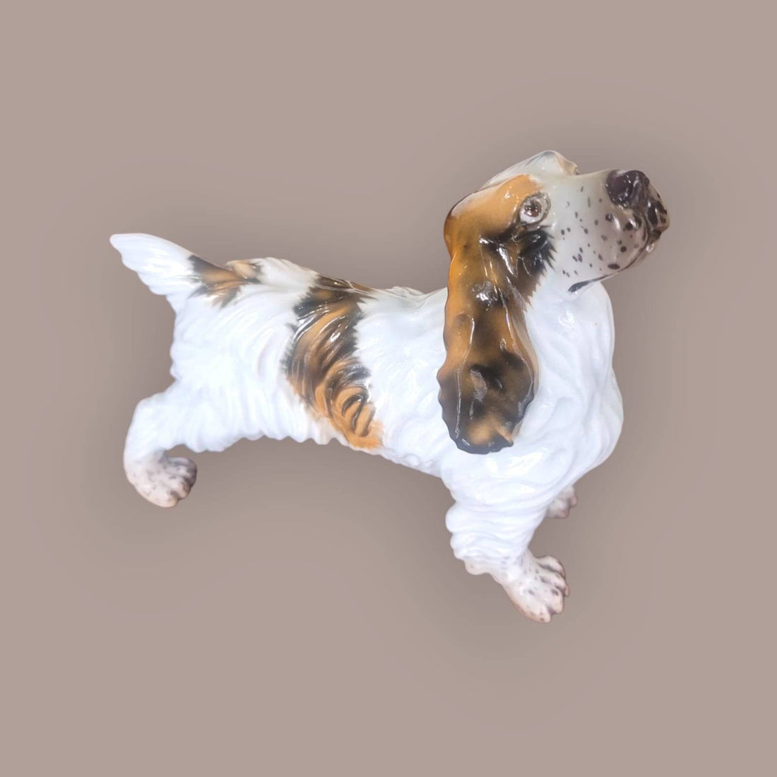 Figura de perro porcelana marca C Martinu años 70, vista frontal en ángulo. Decoración vintage brillante ideal para coleccionistas.