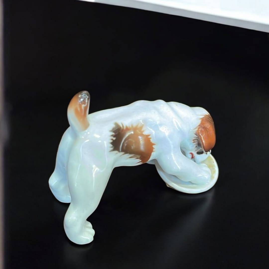 Figura coleccionable de beagle cachorro en porcelana alemana años 50 de Limbach, vista trasera, perfecta para decoración retro en el hogar.