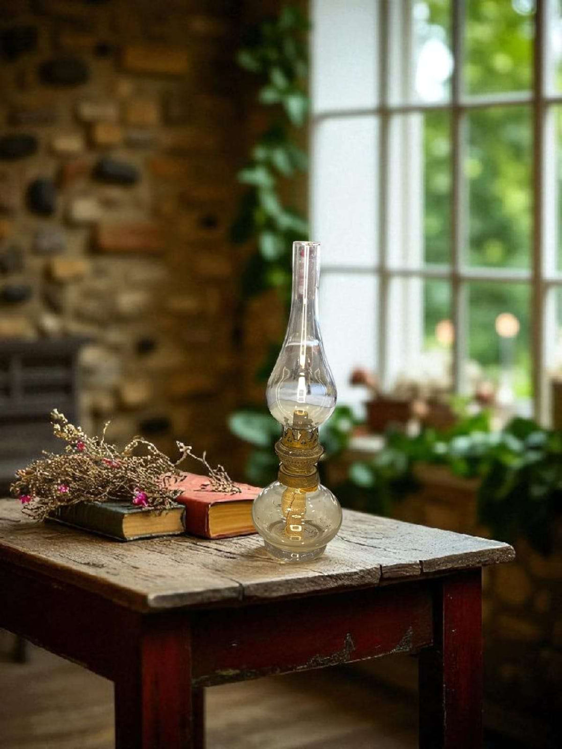 Quinqué de cristal antiguo sobre mesa de madera con libros antiguos.