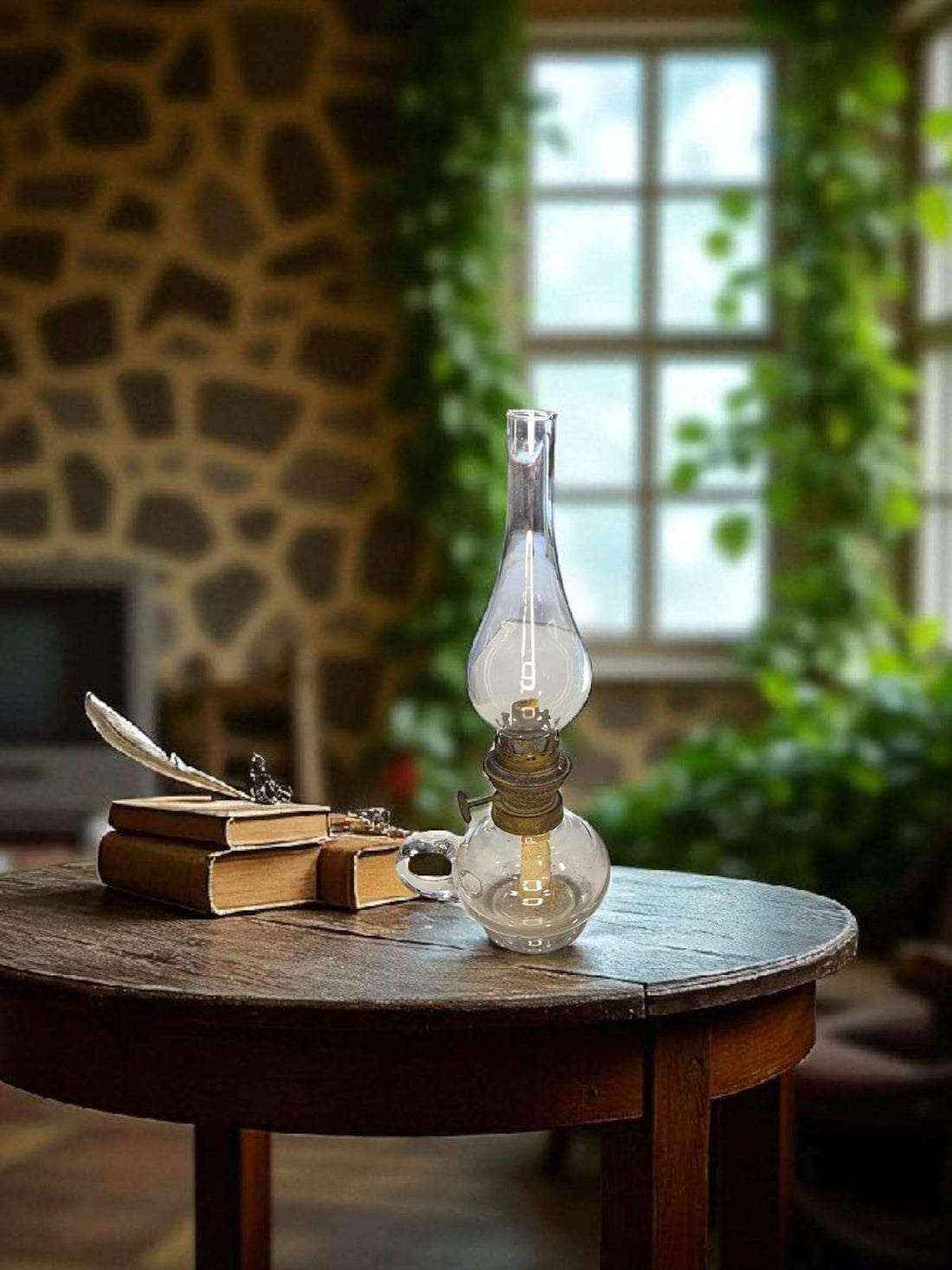 Quinqué de cristal antiguo sobre mesa de madera con libros antiguos.