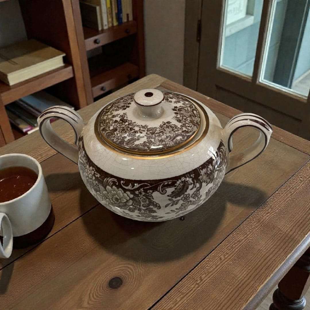 Azucarero con tapa del juego de café Cartuja de Sevilla Pickman sobre mesa de madera. Cerámica sevillana con elegancia histórica para el hogar.